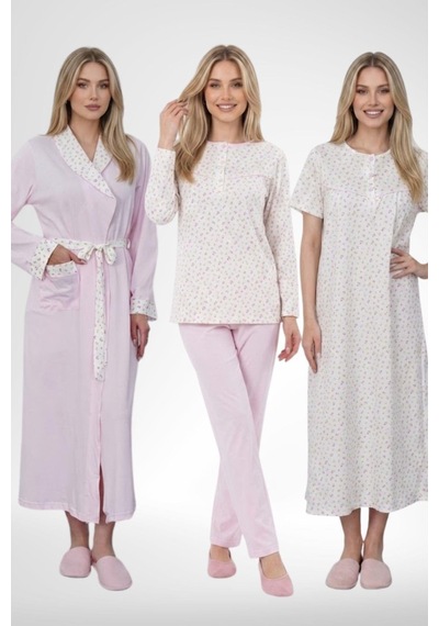 Mecit Pijama Mecit 6385 Pembe Büyük Beden Kadın Sabahlık Pijama Gecelik Set