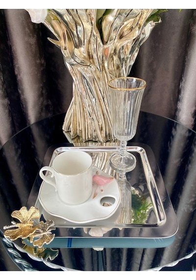 Atabey Home Collection 6 Adet Kahve & Çay & Sunum Tepsisi Metal Döküm Gümüş Tepsi Kelebek Aksesuarlı
