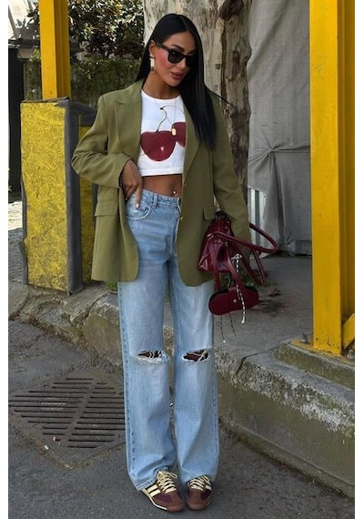 Uzun Kollu Ve Düğme Kapamalı Kruvaze Yakalı Oversize Blazer Kadın Keten Ceket Haki Haki