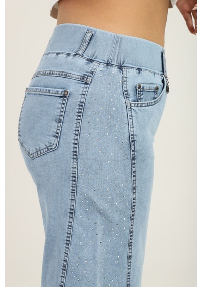 Zanessi Büyük Beden Denim Taşlı Yüksek Bel Geniş Paça Kadın Pantolon Mavi