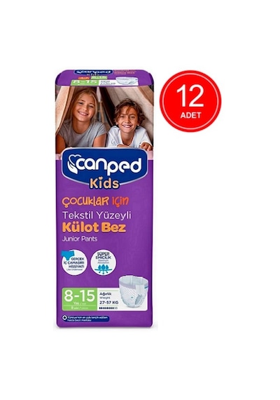 Canped Kids Çocuklar İçin Tekstil Yüzeyli Külot Bez 27-57 KG 8-15 Yaş 12 x 8 Adet