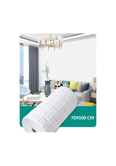 70x500cm Tek Paça Kendinden Yapışkanlı Beyaz Tuğla Desen 3D Duvar Kağıdı Paneli