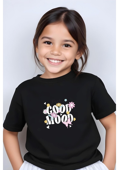 Panios Kids Positive Good Baskılı Kız Çocuk Kısa Kollu T-shirt Siyah