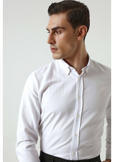 D's Damat Slim Fit Armürlü Düğmeli Yaka Pamuklu Erkek Gömlek - Beyaz 5HC02ORT07265 Beyaz