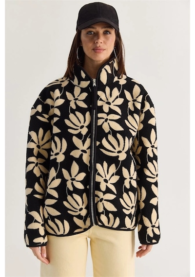 Mevese Desenli Dik Yaka Cepli Biyeli Kadın Polar Sweatshirt- Siyah-krem