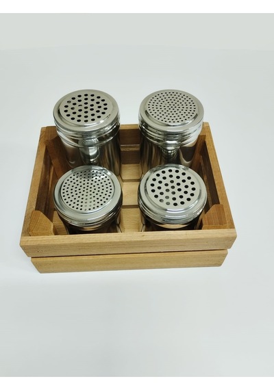 Tuzluk-pul Biber-kekik Serpici Paslanmaz Çelik+kayın Kasa 7x9 - 7x13 Cm Lüks 5'li Gümüş