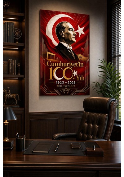 Atatürk Ve Cumhuriyet 100. Yıl Baskılı Cam Tablo Uv Baskı Türk Bayrağı Dekoru