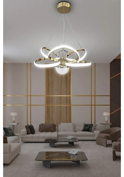 Kral Tacı Model Tek Toplu Led Avize - 3 Renk Kumandalı - Gold Gold