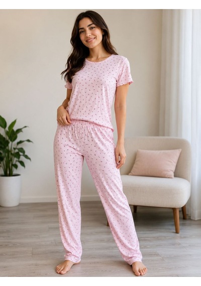 Kadın Rahat Kalıp Yumuşak Dokulu Desenli Pijama Takım Pembe