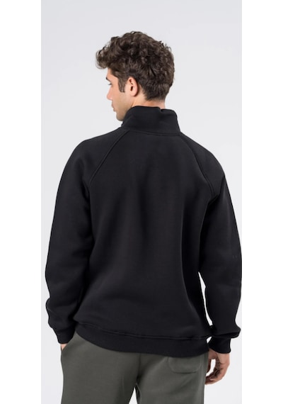 Coal City Erkek Relaxed Fit Reglan Yarım Fermuarlı Kanguru Cepli Siyah Sweatshirt