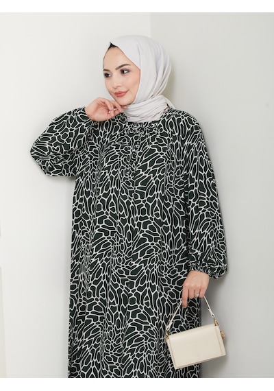 Nevayla Moda Desenli Önü Büzgülü Viskon Elbise - Haki / E0131 Haki