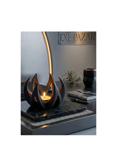 Exe Pazar Alev Temalı Tealight Mumluk 11 X 8,5 Cm - Modern Ev Dekorasyon Hediyelik Ve Konsept Siyah