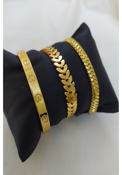 Kadın Gold Renk Kılçık Model Tırtıl Model Düz Model Kararmaz Çelik Kombin Bileklik Altın