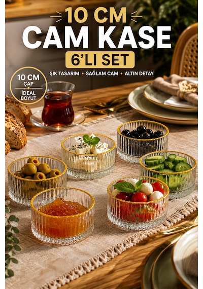 Porsima 13879-1 Vanes Sakura Gold Yaldızlı 6'lı Cam Kase Seti 10 Cm Çerezlik, Reçellik, Kahvaltılık Ve Tatlı Kasesi