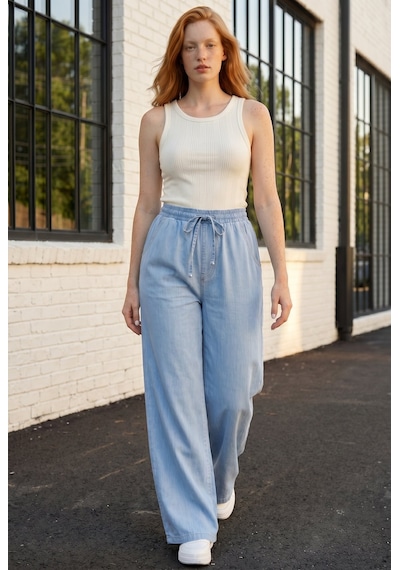 Soulshae Yüksek Bel Beli Lastikli Denim Pantolon Mavi 1