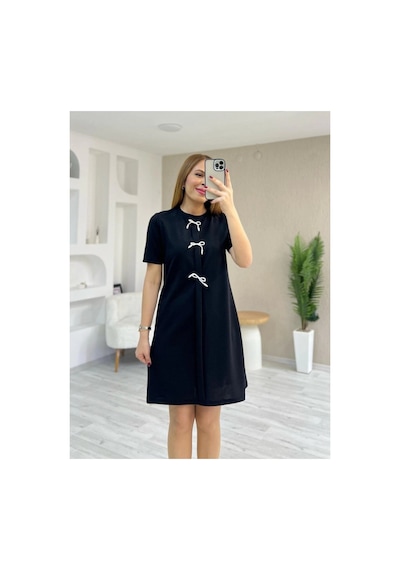 Butik İstanbul Kadın Kısa Kollu Bisiklet Yaka Önden Fiyonk Detaylı Ithal Krep Elbise Siyah