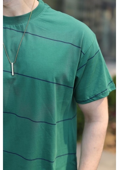 Madmext Koyu Yeşil Bisiklet Yaka Basic Çizgili Erkek T-shirt E7102
