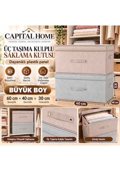 Capital Home 3'lü Set Çok Amaçlı Düzenleyici Hurç + Saklama Kutusu +kapaklı Büyük Boy 60 X 40 X 30 Cm Cappuccino