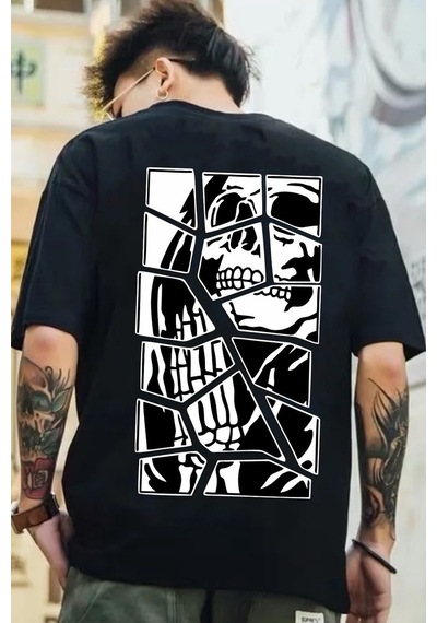 Unisex Skullcracked Baskılı T-shirt Siyah