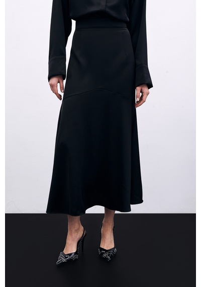 Sateen Kesik Detaylı Saten Etek - Siyah-135906 Siyah