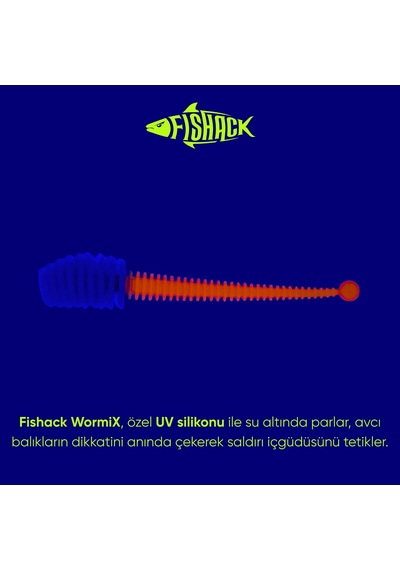 Silikon Kurt Yem - 2,1g 70mm - Fishack Wormix - 10 Adet - Uv - Mavi/turuncu