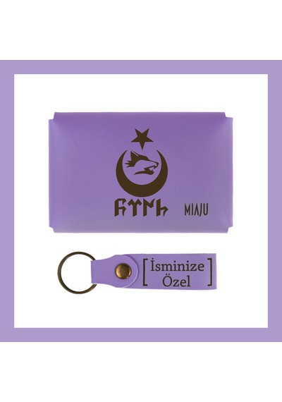Miaju Mor Menekşe, Bozkurt Ve Hilal Desenli, İsme Özel Cüzdan Ve Anahtarlık Set, Hatıra Koleksiyonu Mor Menekşe Mor
