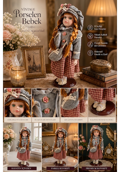 35 Cm El Yapımı Porselen Bebek Biblosu Vintage Country Tarzı Dekoratif Koleksiyonluk Biblo -