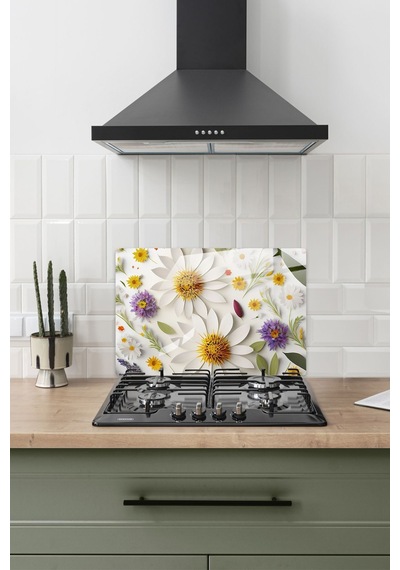 Gökçeoğlu Cam Ocak Arkası Koruyucu Cam Koruyucu Tezgah Ankastre Arkası Flower Mix 40cm X 60cm Çok Renkli