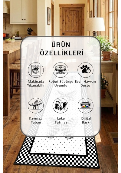 Yıkanabilir Mutfak Halısı 6 Beyaz - Siyah