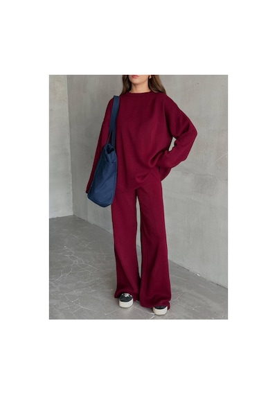 De Pose Oversize Kesim Sade Kadın Triko Takım Bordo