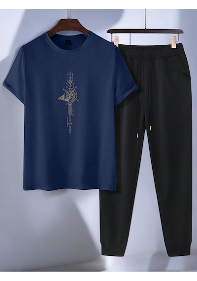 Uyguntarz Unisex Zaman Pusulası Tasarım Basklı Tshirt Eşofman Takımı Lacivert