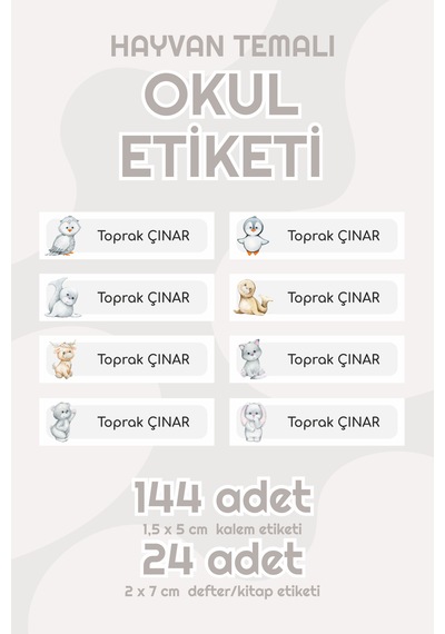Hayvanlı Isimli Okul Etiketi Defter Kalem Kitap Sticker Seti