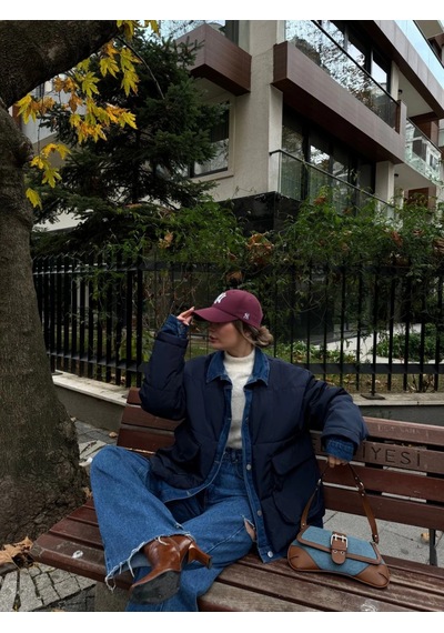 Primemagazam Kadın Jeans Detaylı Cıtcıtlı Ceket Mont - Lacivert Çeşitli
