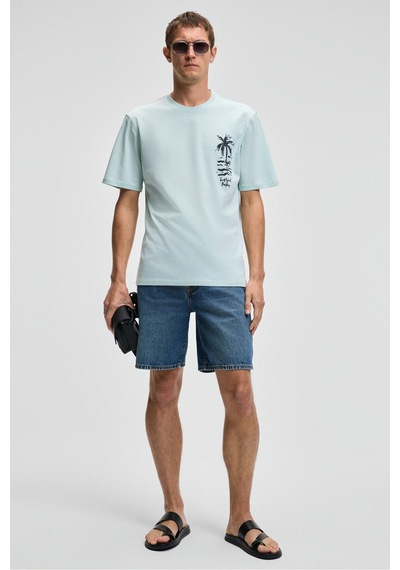 Grimelange SONORA Erkek Baskı Detaylı %100 Organik Pamuk Regular Fit Kısa Kollu Açık Yeşil T-Shirt
