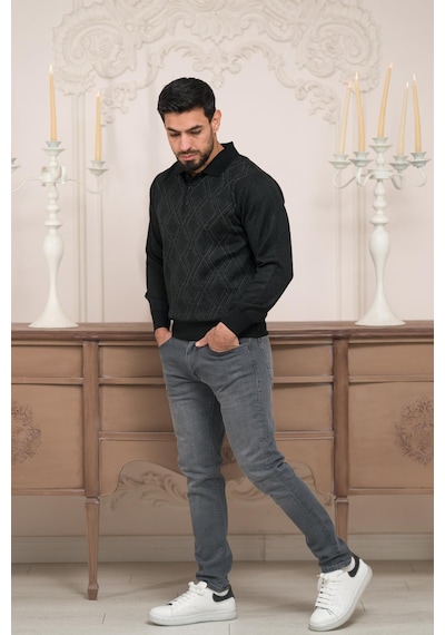 Woolen World Polo Yaka Desenli Yünlü Erkek Triko Kazak Siyah