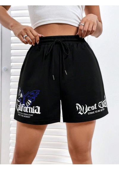 Coolane Butterfly & Letter Graphic Drawstring Waist Şort Siyah