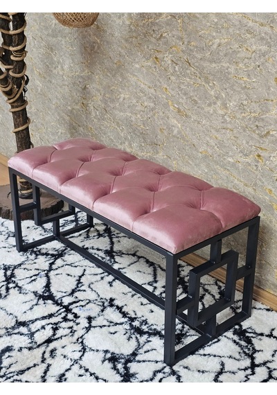 Zafir Siyah Boyalı İçi Kareli Diktörtgen 100 Cm X 40 Cm Oturak Puf - Bench - Makyaj Oturağı - Oturak Pembe