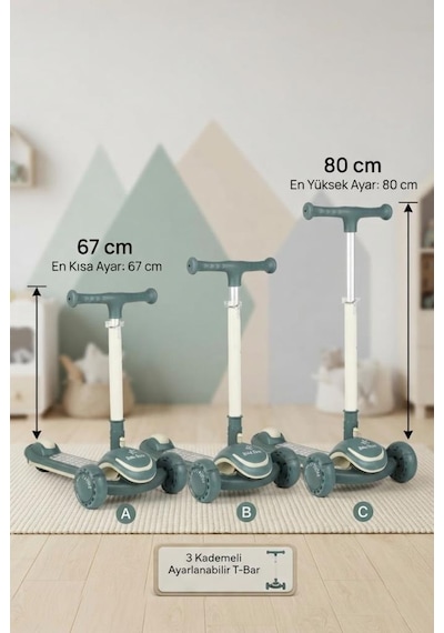 3 Tekerlekli Led Işıklı Müzikli Katlanabilir Boyu Ayarlanabilir 3 Yükseklik Ayarlı Çocuk Scooter'ı Yeşil