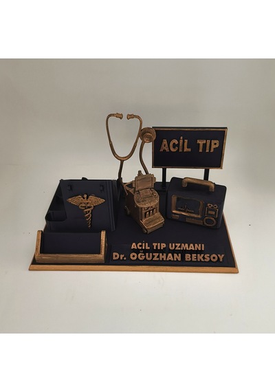 Kişiye Özel Acil Tıp Uzmanı Masa İsimliği Ve Kartvizitlik Siyah - Altın