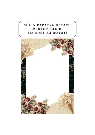 Gül & Papatya Detaylı Mektup Kağıdı 12 Adet A4 Boyut