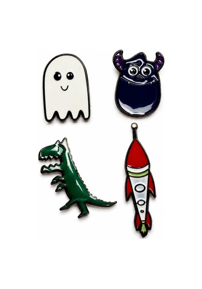 Sevimli Hayalet, Canavar, Dinozor Ve Roket 4'lü Metal Rozet Seti Gri