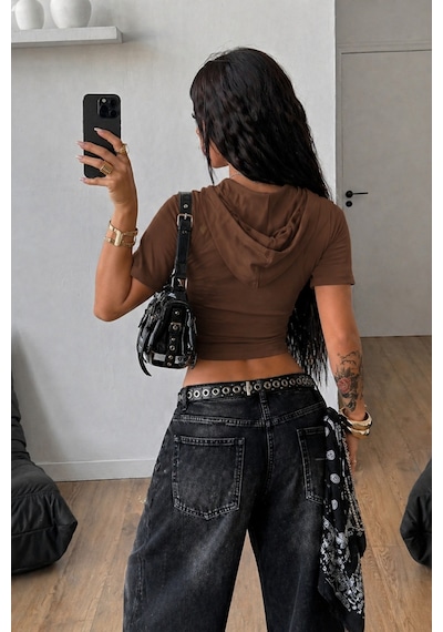 Tarz Cool Kapüşonlu Crop Tişört Fermuarlı Kısa Kollu Kadın Üst Body Kahverengi