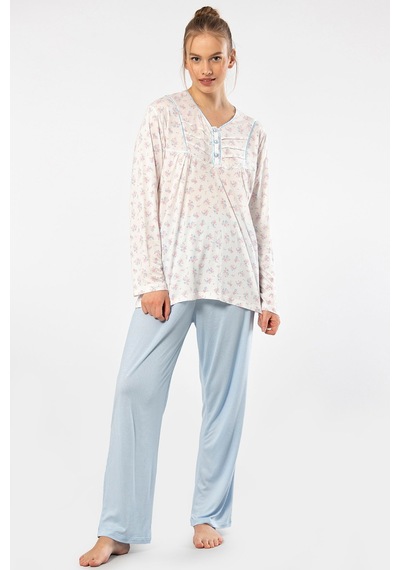 Türen 3366 Kadın Büyük Beden Uzun Kollu Pijama Takım-mavi Mavi