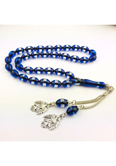 Çift Başlı Kartal Püskül Mavi Sürmeli Toz Kehribar Tesbih Tespih