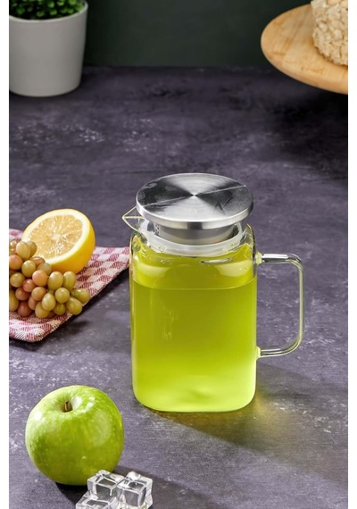 Tr 1100 Ml Borosilikat Cam Sürahi, Paslanmaz Çelik Kapaklı, Metalik Ckr3404