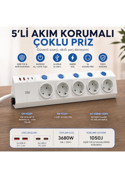 5'li Akım Korumalı Çoklu Priz 2 Metre Kablolu 3680w 16a 5 Bağımsız Anahtarlı 2 Usb-a 2 Usb-c Pd 20w Hızlı Şarj Destekli 2 m