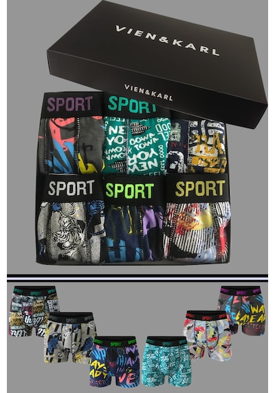 Vien&Karl Erkek Desenli 6'Lı Premium Penye Kutu Pamuklu Likralı Boxer Çok Renkli