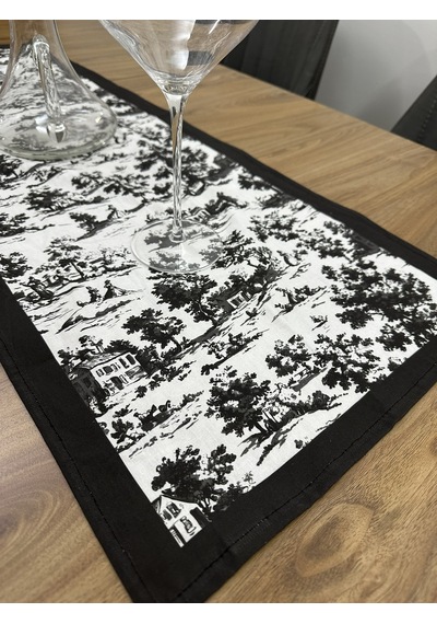 Toile De Jouy Monet Runner 40x110 Cm %100 Pamuk Dijital Baskılı Masa Örtüsü Country Tarzı Fransız Desen Masa Dekoru - Zt710 Siyah