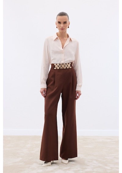 Sateen Kemerli Salaş Pantolon - Kahve-136531 Kahve
