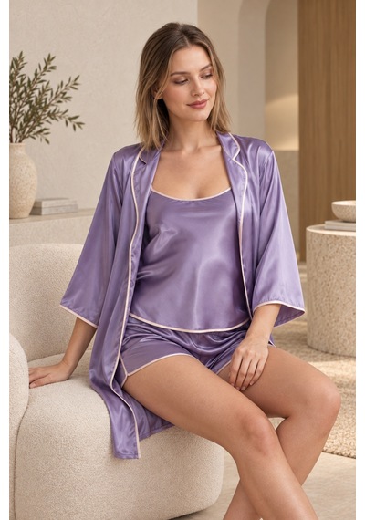 Loule Kadın Lavanta Biyeli Sabahlıklı Şortlu Pijama Takımı 3 Parça